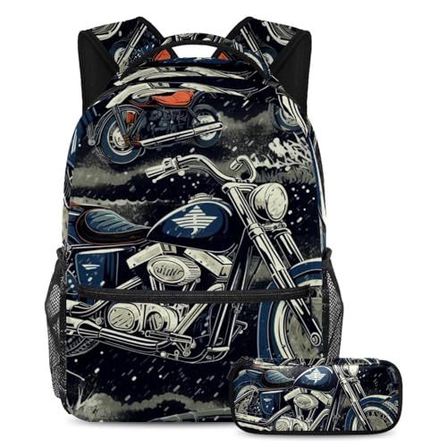 Cartable moto bleue vintage grand sac à dos scolaire avec sa trousse