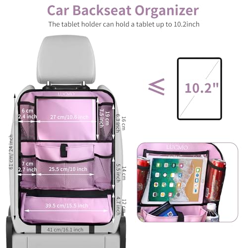 Image of LUCMO Car Backseat Organizer with Touch Screen Tablet Holder, Pink | 2 Pcs,9 Storage Pockets,Clear Tablet Holder,Protectors Kick Mats,Travel Accessories,Seat Cover,Road Trip Essentials