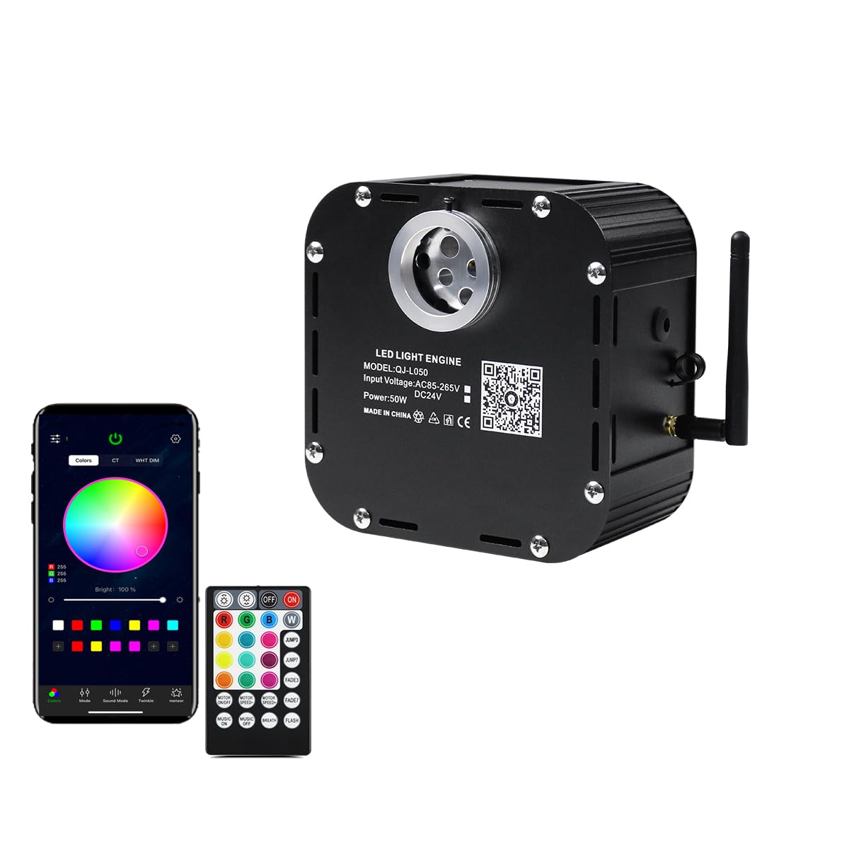 AZIMOM High Brightness 50W Twinkle Fiber Optic Light Source RGBW Light Box Engine Diver Bluetooth/RF Remote Control Music Sensor Mode for Car Home Star Ceiling Light Effect Decoration