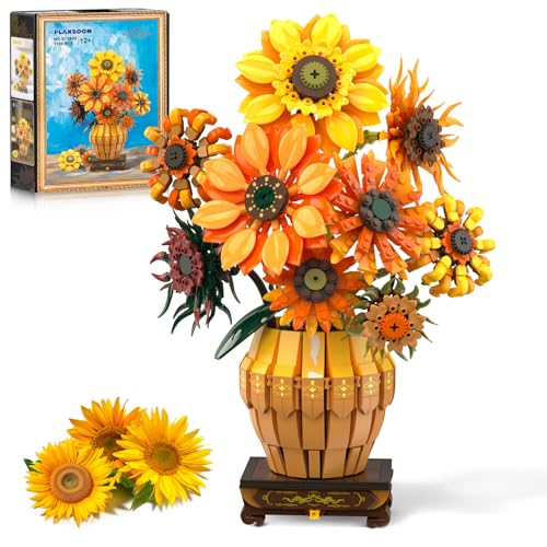 PLAXSOON Sonnenblumen Bauspielzeugset mit Licht Vase Sockel, Blumen Botanical Kollektion Bausteine Heim Deko, 1180 Stück Kunst Blumenstrauß Bonsai Bausatz Geschenk für Erwachsene Mädchen Jungen 12+