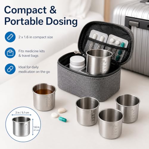 Image of DECHOUS 4Pcs Stainless Steel Graduated Medicine Cups: 1.35oz(40ml) Portable Reusable Measuring Cups for Pills and Liquid Medication, Home and Lab
