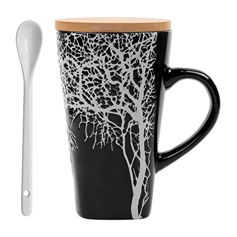 Creative Ceramic Coffee Mugs, Hand Painting Embossed Coffee Cup with Wood Lid and Spoon, Large Capacity Milk Tea Cups, Personalized Tall Coffee Cup Gifts for Coffee Lovers,Women,Family (16.5oz) Cover