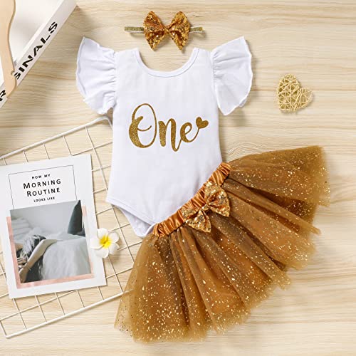 Baby Girls First Birthday Outfits Cake Smash Toddler Girl Short Sleeve Romper+Tutu Skirt Set+Headband Photo Shoot Clothes (Golden, 12-18 Months) #TOP1