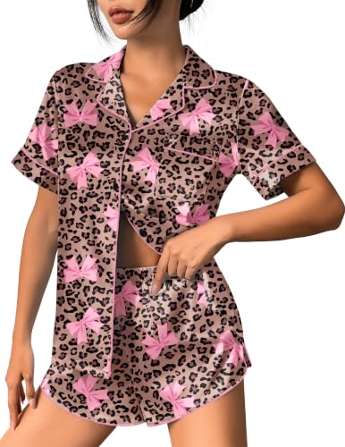 Image of Ekouaer Womens Silk Satin Pajama Set Print Short Sleeve Sleepwear Button Down Pjs Shorts Set Loungewear