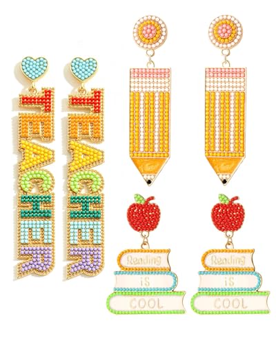 Teacher Gift Earrings for Women Rhinestone Beaded Dangle Drop Pencil FRIYAY Earrings Colorful Teacher Appreciation Gift Back To School Jewelry Set (3 Pairs G)