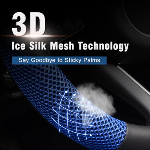 KAFEEK Steering Wheel Cover, Cooling Ice Silk Leather, 15 Inch, Blue — view 3
