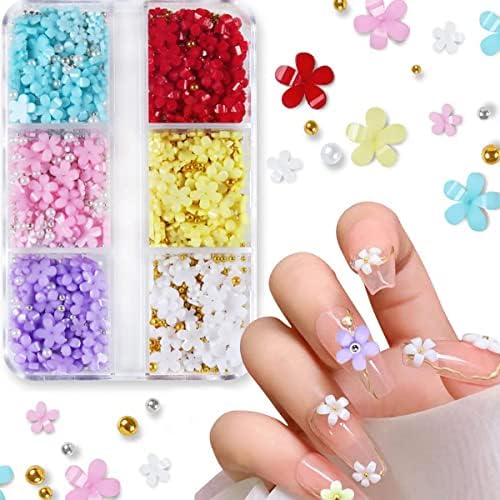 3D Flower Nail Charms Kit 6 Grids Flower Nail Art Kit 3D Resin Floral Nail Flakes Kit DIY Flowers Nail Pearls Rhinestones Beads Decoration for Nail Jewelry Wallet Shoes Phone Cases (Red)
