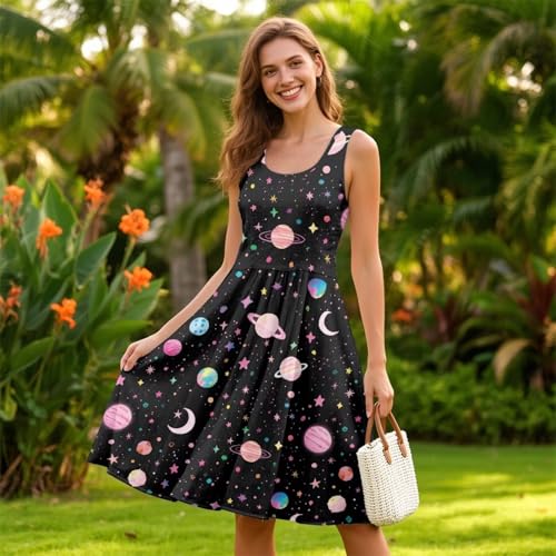 Image of Women's Casual Loose Sundress Midi Sleeveless Crewneck Dress Summer Beach Tank Dress with Pockets