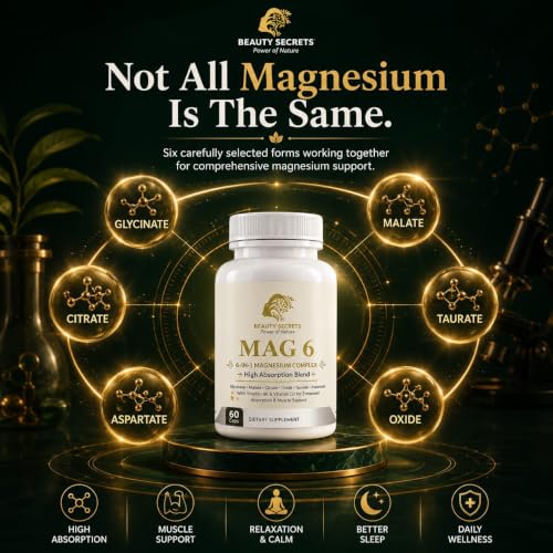 Image of Beauty Secrets Mag 6 - Full Spectrum Magnesium Supplement with Vitamin D3 & B6 | 6 Bioavailable Forms: Glycinate, Malate, Citrate, Oxide, Taurate & Aspartate | Root-Cause Support for Sleep, Calm & Energy | 60 Veg Capsules