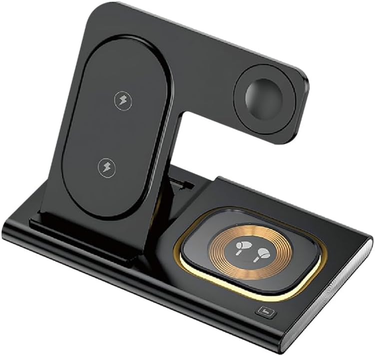 Vortex A80AB 4-in-1 Magnetic Foldable Wireless LED Night Light Phone/Intelligent Watch/TWS Ear Bug Qi Table Top Charging Station (Black for Apple)