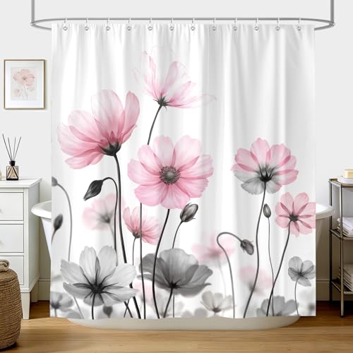 hometrixx Boho Spring Floral Long Shower Curtain Pink Gray Daisy Flower Elegant Wildflower Shower Curtains for Bathroom Decor Bathtub Light Weight Washable Waterproof Fabric with 12 Hooks 72 X 72 Inch by hometrixx - Used condition - Image 2