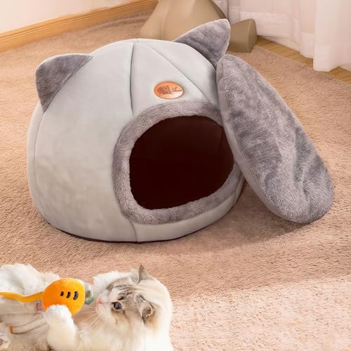 Katzenbett große Katzenhöhle Katzenhaus Indoor mit abnehmbarem Katzenkissen,Katzen Bettchen waschbar, grau
