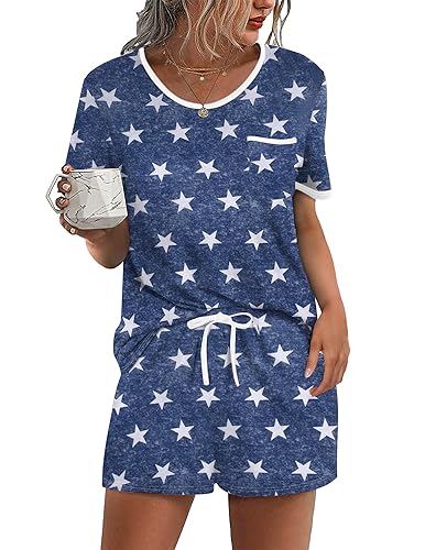 Image of Ekouaer Pajama Set for Women 2 Piece Lounge Set Short Sleeve Tops and Shorts Soft Sleepwear, Chest Pocket