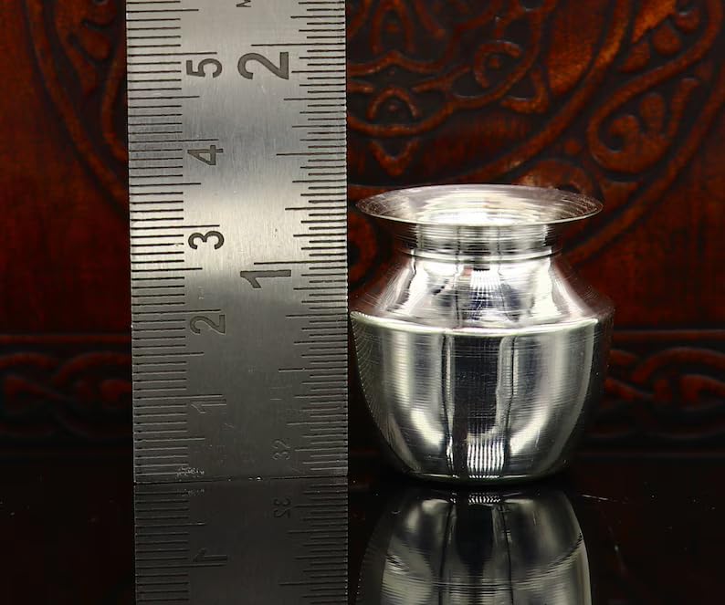 Image of Pure Silver Mini Kalash (Lota), Sacred Water /Milk Pot for Hindu Pooja, Home Temple, Rituals & Ceremonial Use, Handcrafted Puja Vessel, Housewarming Gift