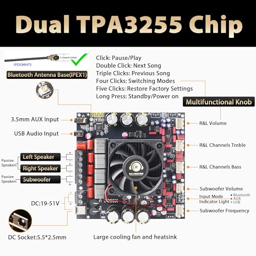 Image of S600X-W Power Amplifier Board Bluetooth5.2 TPA3255 Chip with Subwoofer 2.1 Channel 300Wx2+600W (S600X-W)