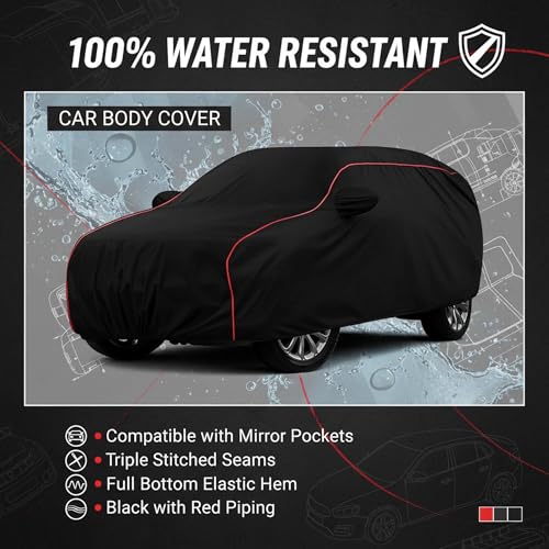 Image of Sulfar 100% Water Resistant Car Body Cover Compatible with Mirror for MG Windsor EV (Triple Stitched, Full Bottom Elastic, Black with Red Piping)
