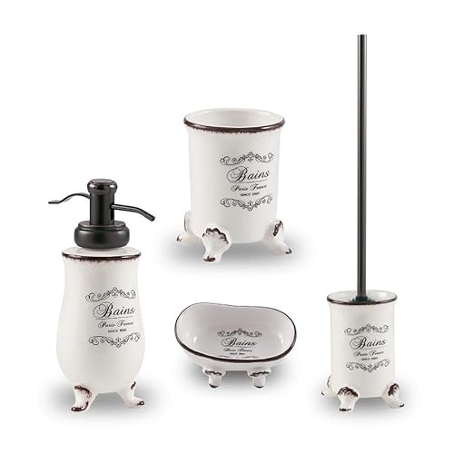 Kiamami Valentina - Set Accessori Bagno Shabby Chic | 4 Pezzi in Ceramica Decorata | Con Bordo e Piedini | Linea Amelia, Set Completo, Ceramica