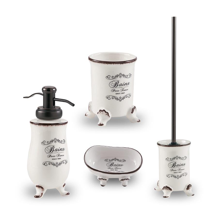SET 4 PEZZI ACCESSORI BAGNO SHABBY IN CERAMICA DECORATA | AMELIA