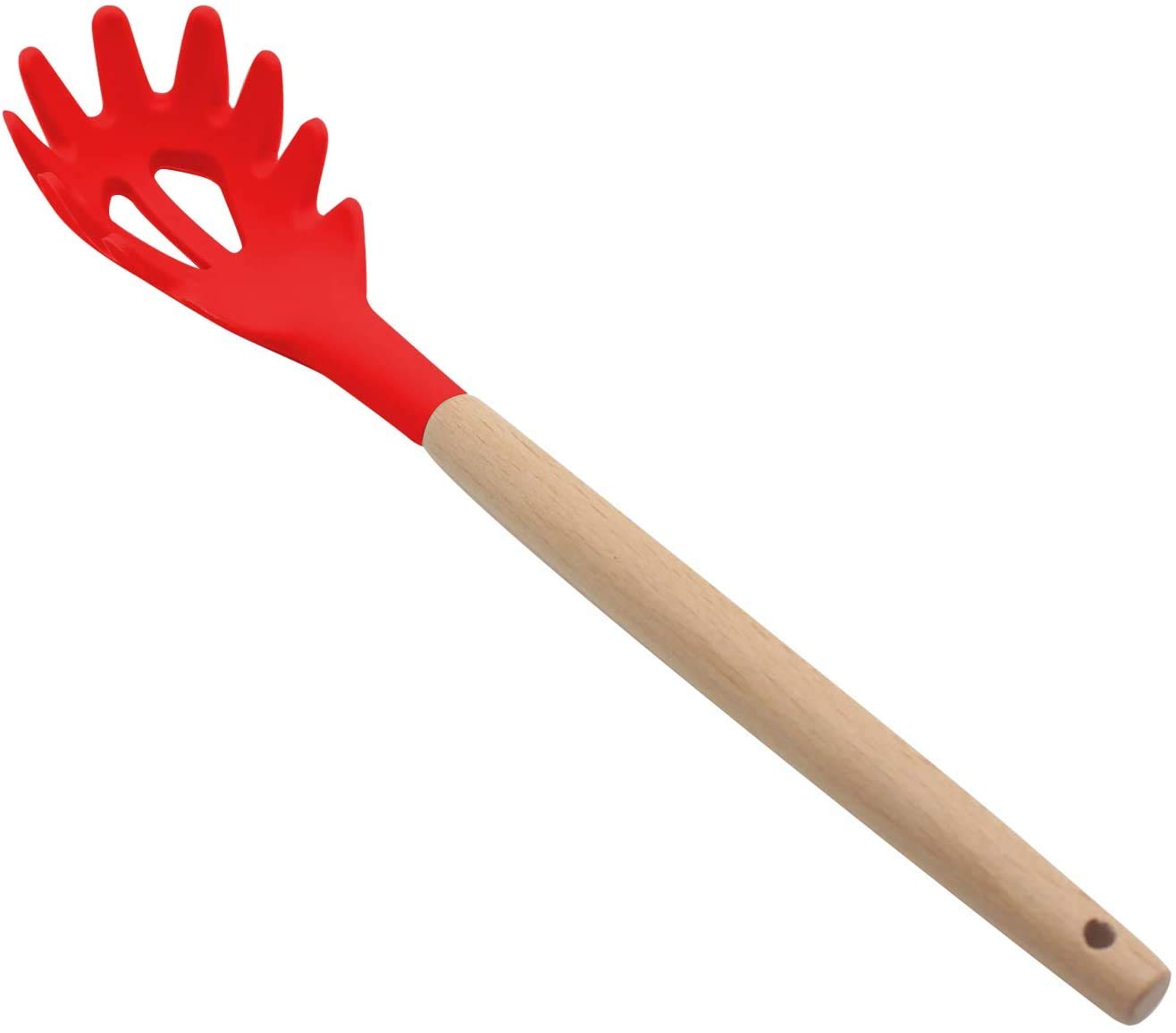 Woodtula Silicone Pasta Fork Food Grade Noodle Spoon with Natural Wooden Handle, BPA Free, Spaghetti Strainer & Server Spoon (Red) 2