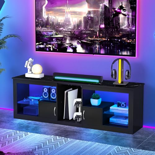 Livofloral TV Stand with LED Lights for 55/60/65/70 Inch TV, 63\" Entertainment Center for PS5, Modern TV Console with Glass Shelves and Storage Cabinet, for Living Room, Bedroom, Black