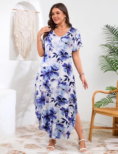 Image of JollieLovin Womens Plus Size Casual Summer Maxi Long Dress Short Sleeve T-Shirt Loose Sun Dress(L-5X)