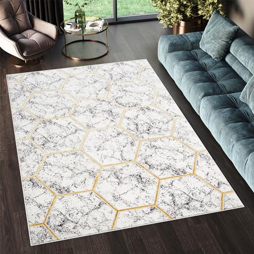 TAPISO Shine Alfombra Suave de Pelo Corto Diseño Moderno Crema Dorado Gris Alfombra de Salón Habitación Dormitorio Oficina Alfombra Resistente Oeko-Tex 80 x 150 cm