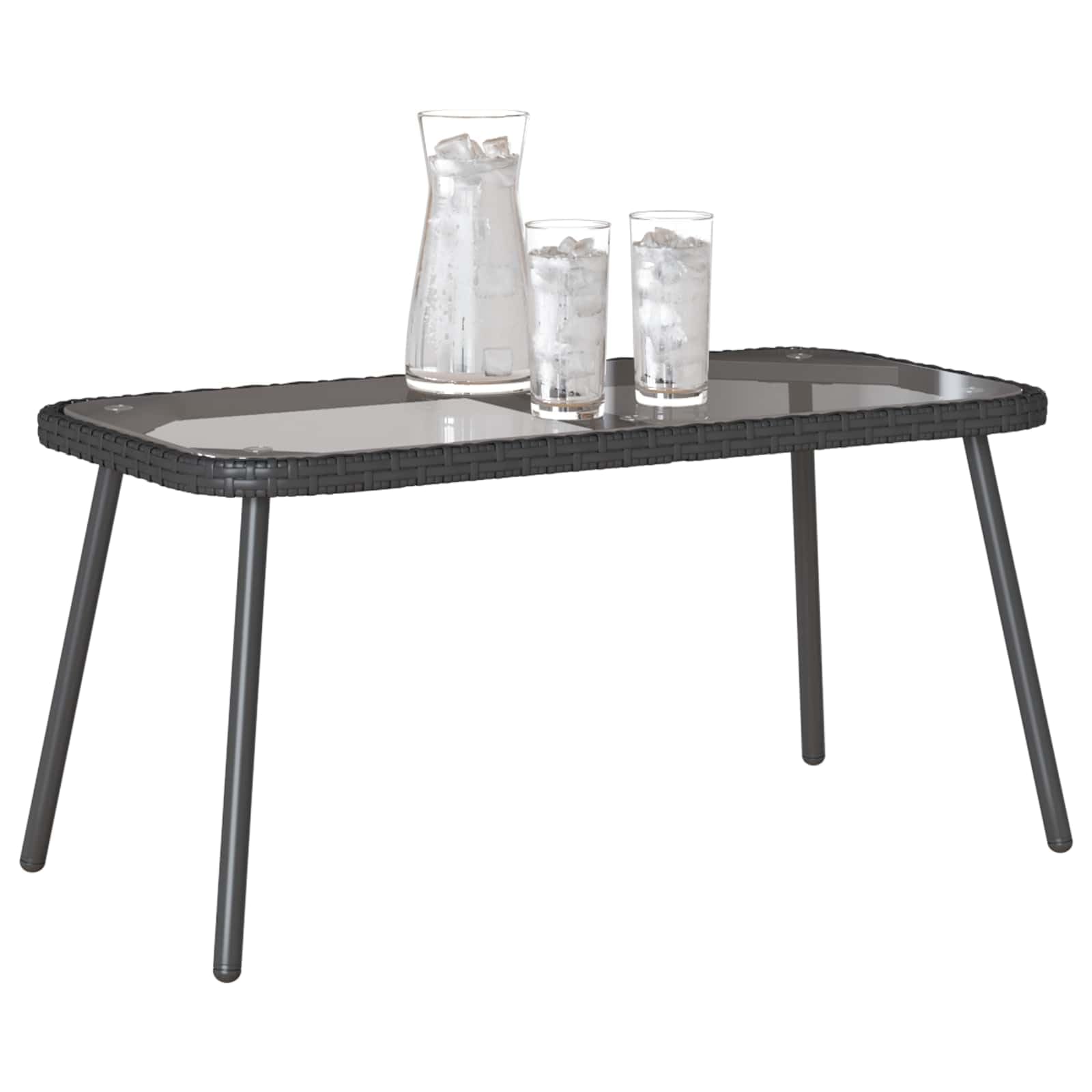 Hothingwell Stolik kawowy ogrodowy czarny 90 x 45 x 43 cm, polirattanowy stolik kawowy z szklanym blatem na zewnątrz nowoczesny