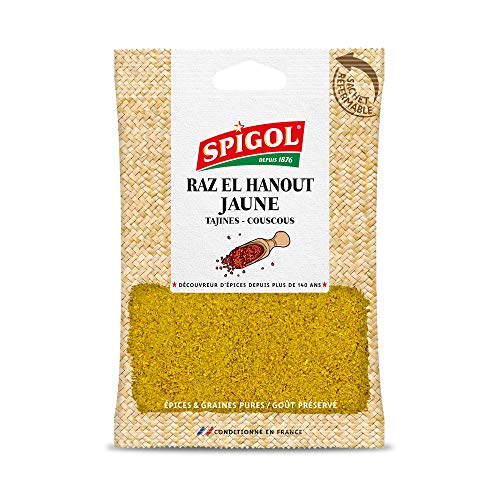 Spigol Ras El Hanout Amarillo Molido - Mezcla de especias para perfumar y colorear tus platos, bolsa de especias refermable - 100% natural - 1 bolsa de 80 g