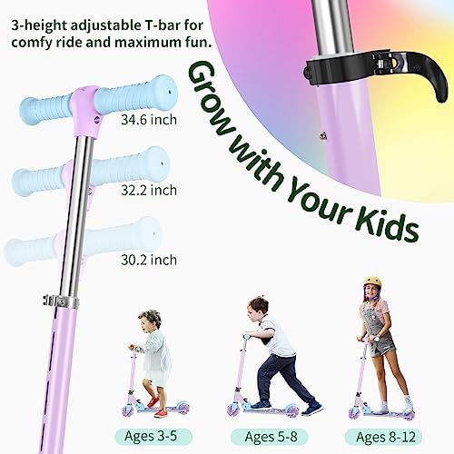 BELEEV V2 Scooters for Kids with Light-Up Wheels & Stem & Deck, 2 Wheel Folding Scooter for Girls Boys, 3 Adjustable Height, Non-Slip Deck, Lightweight Kick Scooter for Children Ages 3-12 (Purple) - 3
