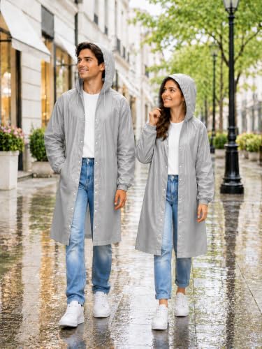 Image of Hooded Waterproof Men's & Women's Raincoat, Lightweight Long Rain Jacket, Button Front, Windproof Outdoor Rainwear | Free Size |