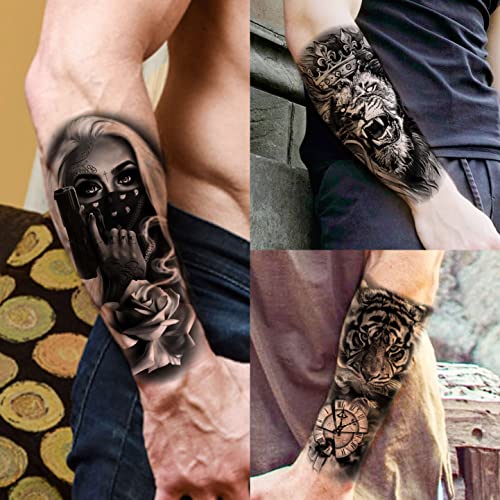 Image of VANTATY 69 Sheets 3D Realistic Tiger Lion Temporary Tattoos For Women Forearm Men Arm, Half Sleeve Wolf Owl Skull Skeleton Waterproof Fake Tattoos For Adults Thigh, Black Animal Bulk Tattoo Sticker