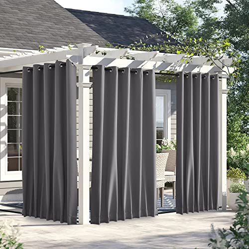 NICETOWN 2 Panels Outdoor Curtains for Patio Waterproof & Windproof, Grommet & Back Tab on Top & Bottom Weighted Drapes Keep Sun/Rain Out with Bouns Rope for Deck, Grey, W66 x L90