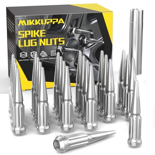 Image of MIKKUPPA M14x1.5 Spike Lug Nuts - 24pcs Chrome 14mm x 1.5 Solid 4.4 inch Tall Acorn Spiked Tire Nut with 1 Socket Key, Replacement for Chevy Silverado 1500 GMC Sierra Yukon Tahoe Ford F150 Wheel
