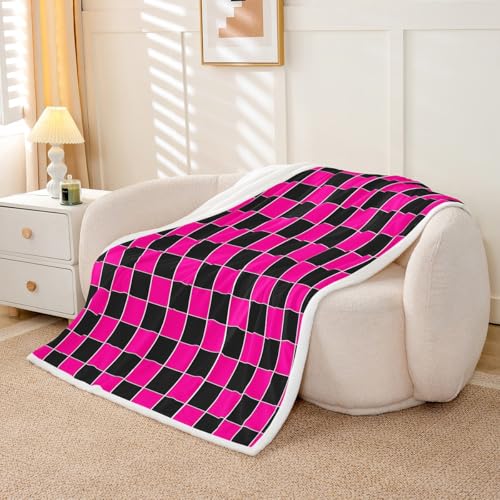Image of Erosebridal Initial Letter F Sherpa Blanket Pink and White Checkered Fuzzy Plush Throw Cute Monogram Plaid Fleece Blanket for Kids Girls Women,Kawaii Gingham Grids Decor for Bed Couch 40 inchx50 inch
