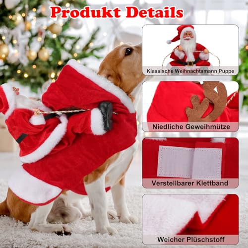 Mfsdai Hund Weihnachtskostüm, Santa Reiten Kleidung Hundekostüm, Hundepullover Mantel Weihnachten Rot für Kleine Mittel Große Hunde Katzen XL