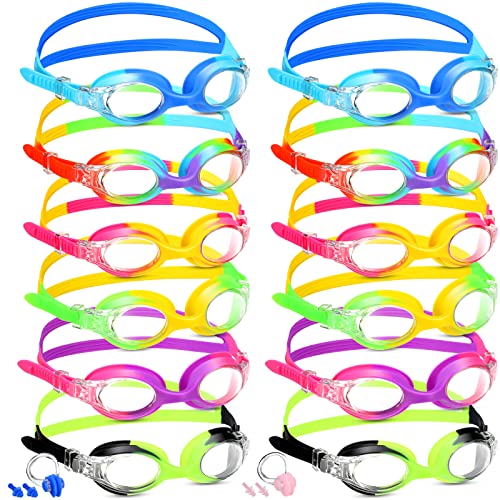 Kanayu 12 Pcs Kids Swimming Goggles No Leaking Anti Fog Kids Swim Goggles Glasses with Nose Clips Ear Plugs (Bright Colors)