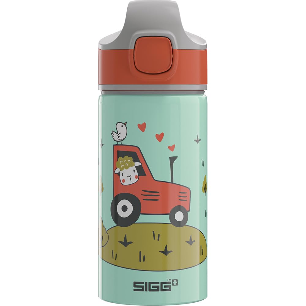 Sigg - Alu Trinkflasche Kinder - Miracle Tractor - Mit Trinkhalm - Auslaufsicher - Federleicht - BPA-frei - Klimaneutral Zertifiziert - Schule & Sport - Wassergrün & Orange mit Traktor - 0,4L