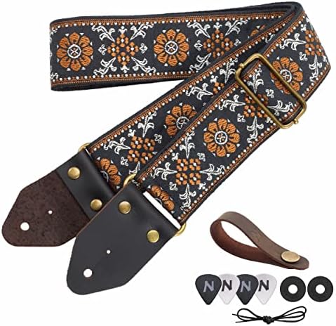 Nefelibata Guitar Strap,Jacquard Embroidery Cotton Guitar Straps with Crazy Horse Leather Ends for Bass, Electric & Acoustic, Best Gifts for Kids, Guitarists(Embroidery Green)