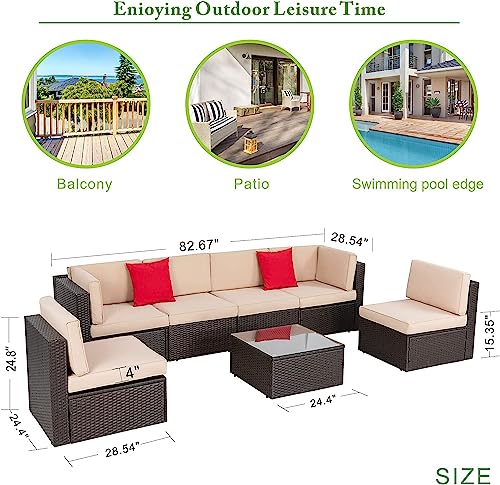Vongrasig 7 Pieces Outdoor Patio Furniture Sets, Outdoor Sectional Rattan Sofa, Pe Manual Weaving Wicker Patio Conversation Set With Cushion, Glass Table, Red Pillow (Beige) #TOP5