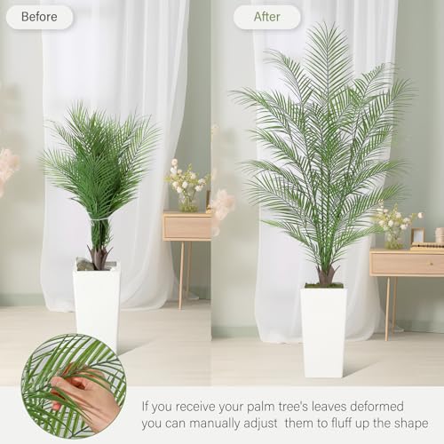 5FT Fake Palm Tree Faux Areca Palm Plants with 32 Full Lifelike Palm Leaves Realistic Trunks Fake Tropical Palm Tree for Indoor Home Office Outdoor Yard Décor with Tall Trapezoidal Prism White Pot