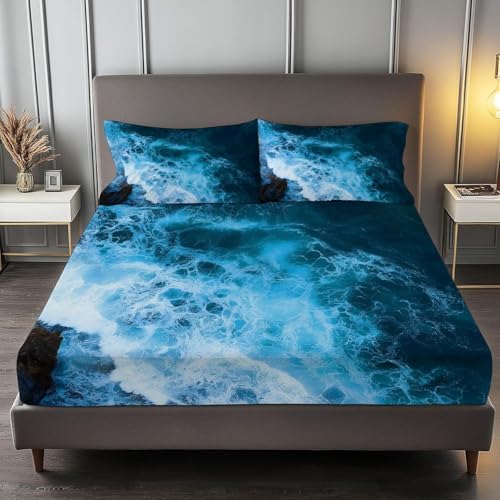 Meer Spannbettlaken 120x200cm Kinder Blaues Meer Bettlaken 3D Spannbetttuch 120x200 Spannbetttücher Topper 30 cm Höhe Weiche Mikrofaser mit 2 Kissenbezügen a.8060