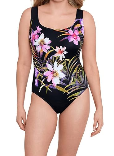 Longitude Women's Swimwear Beach Corsage Panel Scoopneck Tank Soft Cup One Piece Swimsuit, Pink/Multi, 12 #TOP1