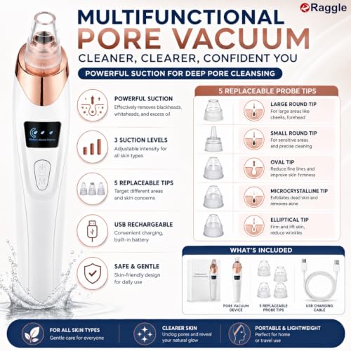 Image of Raggle 5 in 1 Blackhead Remover Vacuum for Face Device with Multiple Heads, Blackhead Whitehead Removal Vacuum Device for Men & Women