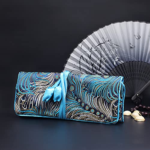 Wei Long Jewelry Roll,Travel Jewelry Roll Bag,Silk Embroidery Brocade Jewelry Organizer Case With Tie Close,(Peacock,Blue) #TOP2