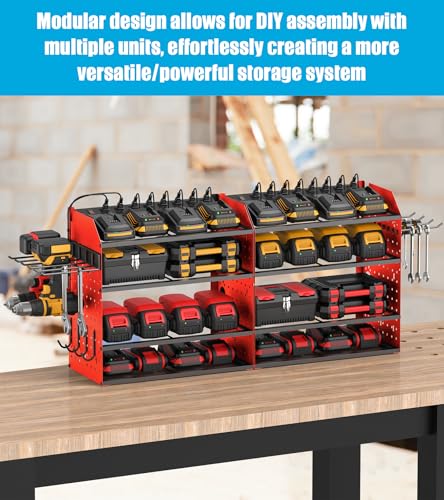 CCCEI Modular Desk Power Tools Organizer with Charging Station, 4 Layer Drills Battery Storage Wall Mount, Garage Shop Organization, Anniversary, Birthday, Gifts for Men, Father, Red, 6FT Cord. - Thumbnail 4