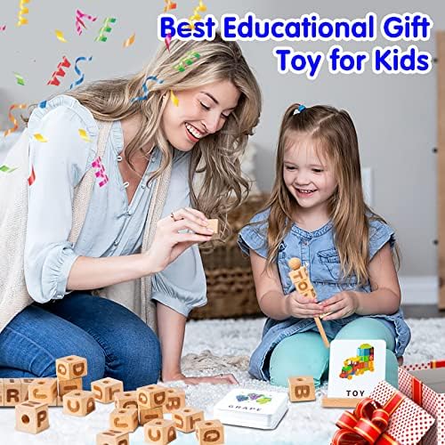 Sitodier Wooden Alphabets & Numbers Blocks, Spelling & Maths Game with Flash Cards Rotatable Letters Montessori Toy, Phonics Wooden Reading Blocks Learning Educational Toy for 3 4 5 6 year old Kids