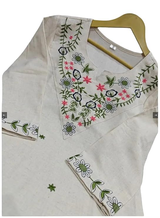 Women's Printed Kurta Pant Dupatta Set, Cotton Blend, Off-White with Floral Embroidery, 3 Piece Ethnic Wear (IN, Alpha, XL, Regular)