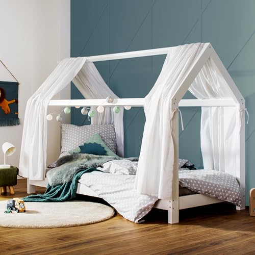 Puckdaddy® Finn | Hausbett 90x200 cm | Kinderbett aus Holz in Weiß | Bettrahmen im Hausbett-Design | Roll Lattenrost 90x200 | Hochwertiges Kinderzimmer & Jugendbett | Bett für Kinder von 3-16 Jahren