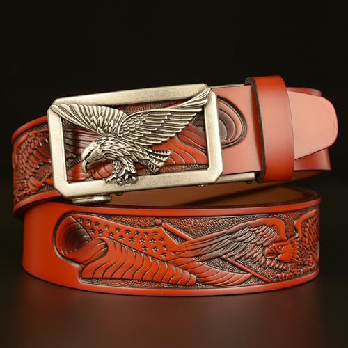 Men's Ratchet Dress Belt With Eagle Pattern Premium Leather, Adjustable Silver Auto Slide Buckle2