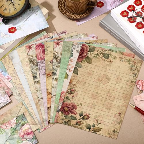 Image of TaoBary 160 Pcs Vintage Floral Stationery Paper and Envelopes Set 50 Double Sided Lined Stationery Paper with 50 Matching Envelopes and 60 Round Dot Sticker 8.5 x 11'' Letter Writing Kit, 10design